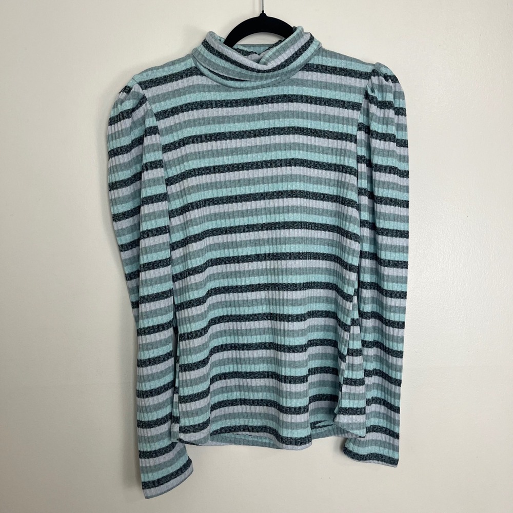 NWT Maeve Anthropologie Blue Striped Ribbed Turtleneck Sweater Puff Sleeve‎ XL - Picture 4 of 9